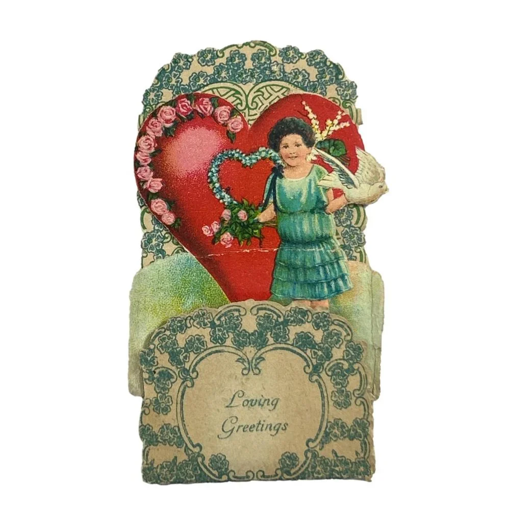 Antique Valentine Fold Out Card 3D Loving Greetings Germany Heart Dove Roses